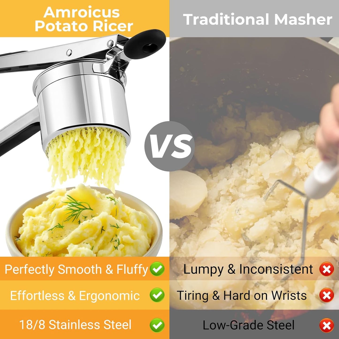 Potato Ricer Stainless Steel, Large Potato Masher 15oz, Heavy Duty Ricer Kitchen Tool for Perfect Mashed Potatoes, Potato Press and Mash Kitchen Gadget, Spaetzle Maker for Noodle