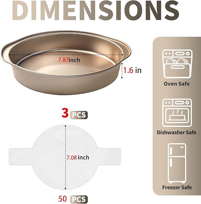 8-Inch Cake Pan Set of 3, Nonstick Round Baking Pans with 50PCS Parchment Papers, Durable Birthday Circle Pan with Handle for Multi-Layer Cakes, Dishwasher Safe