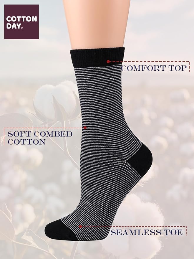 COTTON DAY Women's Soft Combed Cotton Dress Socks Seamless Toe Black White Gray Navy Blue Brown Beige