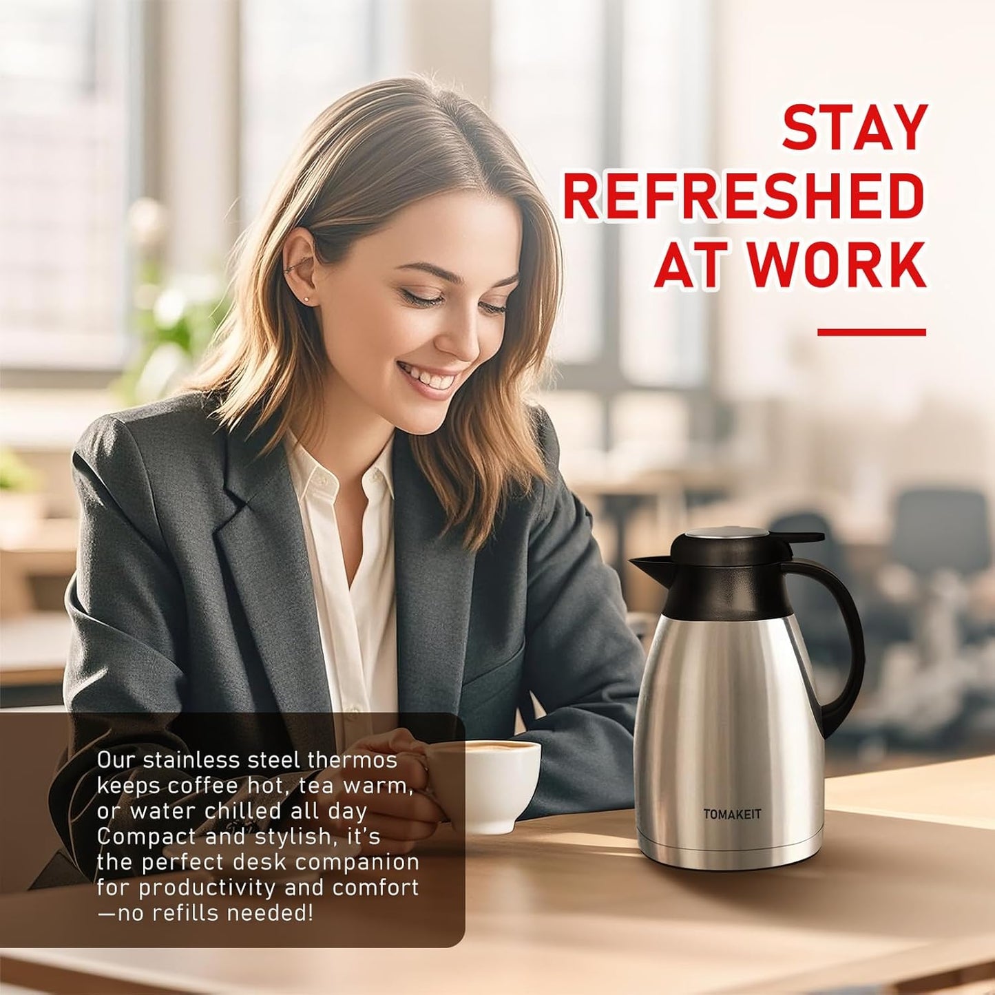 Thermal Coffee Carafe, 2L/68 Oz Stainless Steel Vacuum Insulated Thermoses, Double-Wall Design, 24-Hour Hot & Cold, Leak-Proof, Portable for Travel,Camping,Office