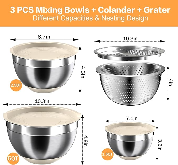 Mixing Bowls with Airtight Lids, Stainless Steel Mixing Bowl Set with 3 Metal Nesting Bowls, Colander & Grater, Non-Slip Bottoms, Size 1.5, 2.5, 5 QT, Great for Mixing & Serving, Khaki