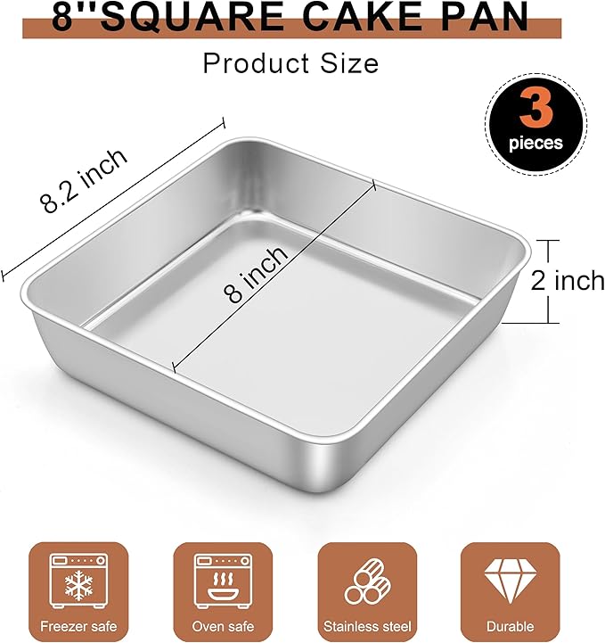 LIANYU 3 Pack 8 x 8 Inch Square Baking Cake Pan, Stainless Steel Brownie Bread Cake Molds, Square Bakeware for Lasagna Pie, Oven & Dishwasher Safe