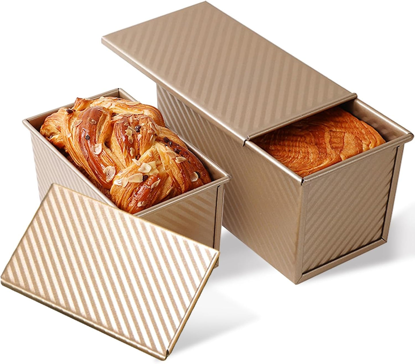 2 Pack Pullman Loaf Pan with Lid, 1 lb/0.5 lb Dough Capacity, Carbon Steel Corrugated, Non-Stick Sandwich Bread Loaf Pan with Lid