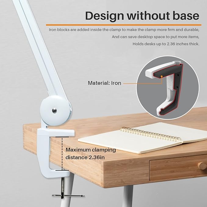 Task Lamp with Clamp, Bright 117PCS LEDs, Metal Swing Arm 24W 2200 Lumen Dimmable Led Desk Lamp for Architect Home Office Study Reading Dorm Workbench Craft, 23 Inch Working Lamp(White)