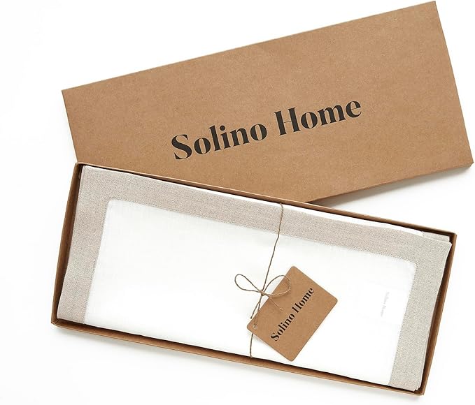 Solino Home Linen Table Runner 108 Inches Long - Natural and White 100% Pure Linen 14 x 108 Inch Table Runner for Dining, Christmas, Holiday, New Year - Classic