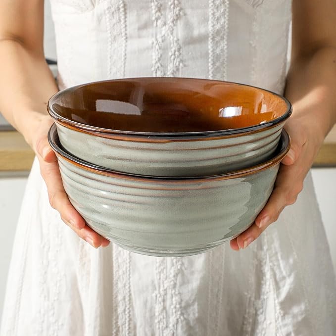 Mixing Bowls 65oz,Large Deep Ceramic Bowls for Prep, Baking,Salad, Pasta, Ramen, Popcorn,Serving Bowls for Baking, Cooking, Kitchen, Party，Dinner,Microwave & Dishwasher Safe Set of 2,Brown