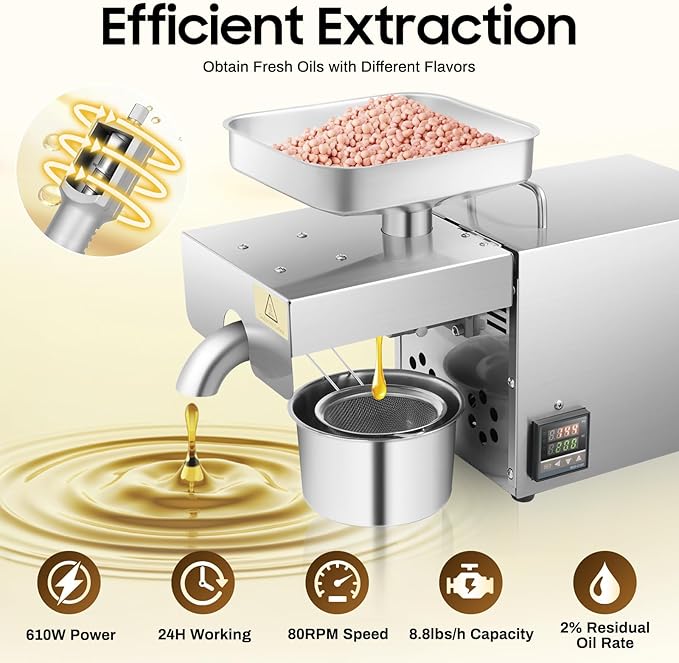 Commercial Oil Press Machine, 610W Hot/Cold Electric Automatic Oil Extractor W/Intelligent Temperature Control for Home and Kitchen - SUS304 stainless steel