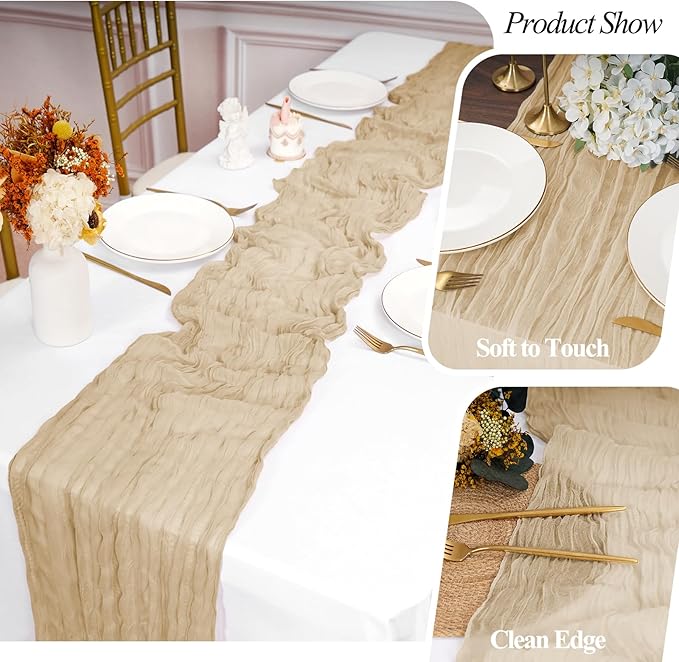 Pesonlook 20 Pack Cheesecloth Table Runner Beige, Rustic Boho Gauze Fabric Table Runner Romantic Table Runner for Wedding, Festival, Birthday, Anniversary, Dinner and Outdoor Events (17.7 x 108 inch)