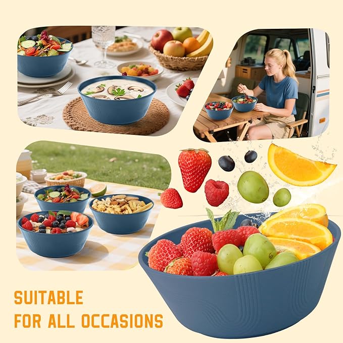 Homienly Wheat Straw Bowls, Unbreakable Soup Bowls Set of 6, Alternatives Plastic Bowls Microwave Safe, Dishwasher Safe Stackable 36oz Large Cereal Bowl for Kitchen, Camping, Serving (Navy Blue)