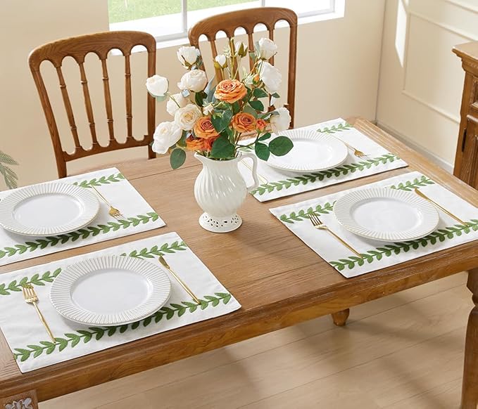 Wracra Embroidered Placemats, 13 x 18 Inch Set of 6 Placemats, Irregular Willow Rustic Place Mats for Kitchen Table and Heat Resistant, Green 6PCS