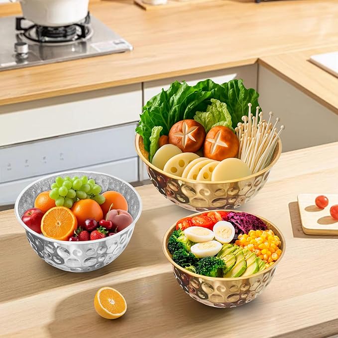 5 Pack Stainless Steel Mixing Bowls Set, Hammered Silver Finish, Nesting Design Metal Salad Bowls Set, 1.6-5 QT Capacity, Dishwasher Safe for Cooking, Serving, Food Containers Meal Prep Kit (Silver)