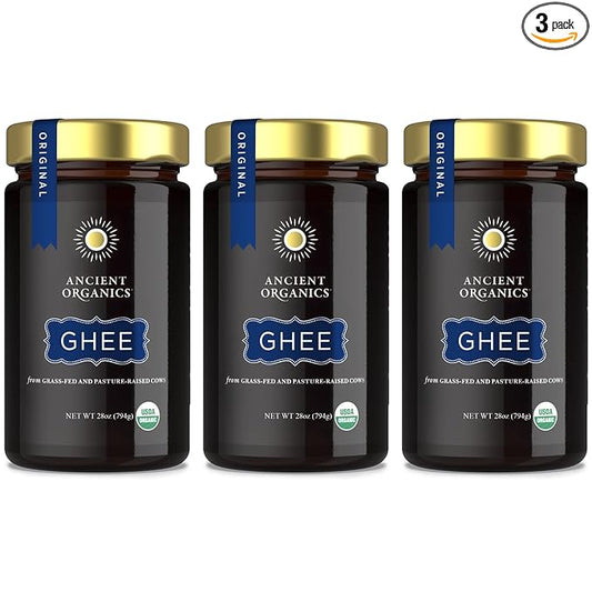 Ancient Organics Ghee - Organic Grass Fed Ghee Butter, Gluten Free, Clarified Butter, Vitamins & Omegas, Lactose Reduced, Kosher, USDA Certified - 28 Oz (Pack of 3)