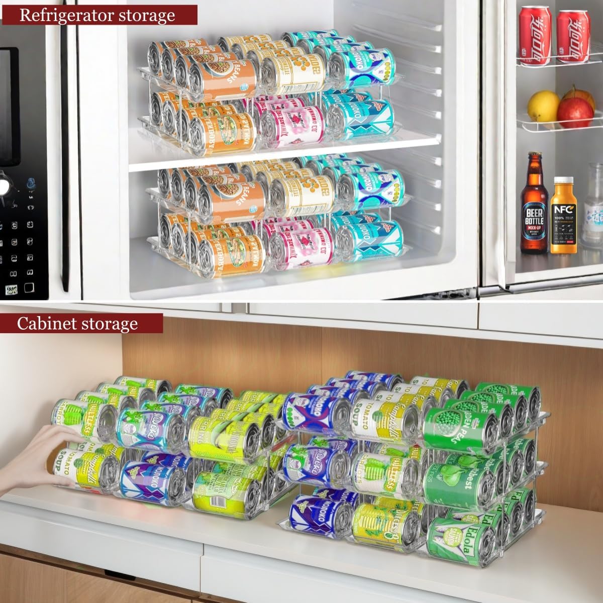 Can Organizer for Pantry, 3 Sets 2Tiers Can Storage Organizer Pantry, Soda Can Organizer for Fridge 24 Cans Rack Automatic Rolling Stackable Canned Food Organizer,Clear
