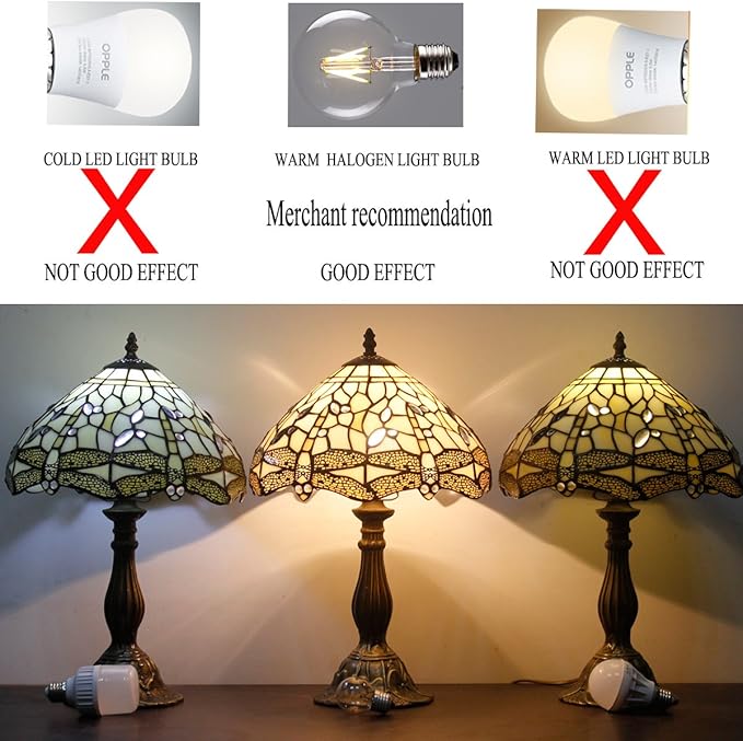 WERFACTORY Tiffany Lamp Cream Stained Glass Dragonfly Bedside Table Lamp Desk Reading Light 12X12X18 Inches Decor Bedroom Living Room Home Office S139 Series