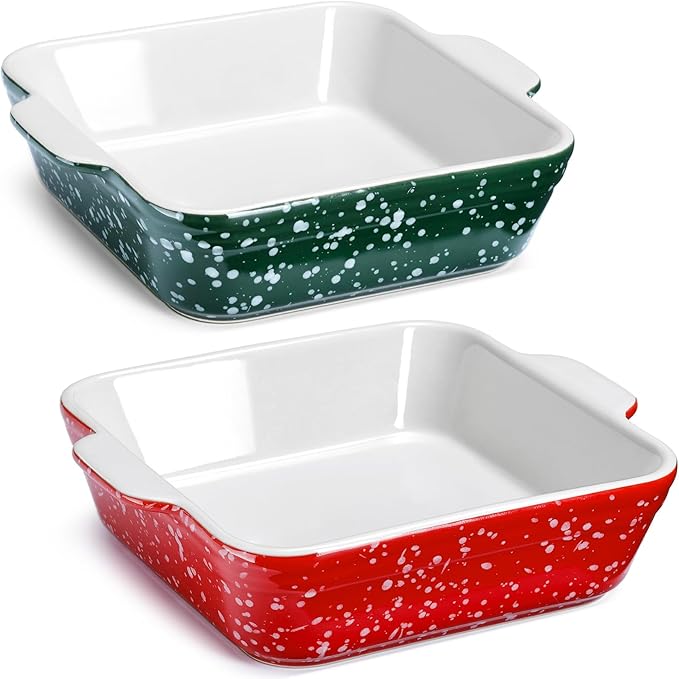 NUTRIUPS 13oz 5.9x5.9in Square Ceramic Baking Dish Set, 2-Pack Small Oven-Safe Baking Pan for Lasagna, Casserole - Bakeware for Baking & Serving (Red&Green)