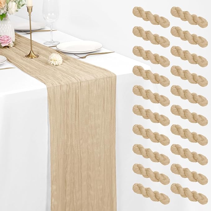Pesonlook 20 Pack Cheesecloth Table Runner Beige, Rustic Boho Gauze Fabric Table Runner Romantic Table Runner for Wedding, Festival, Birthday, Anniversary, Dinner and Outdoor Events (17.7 x 108 inch)