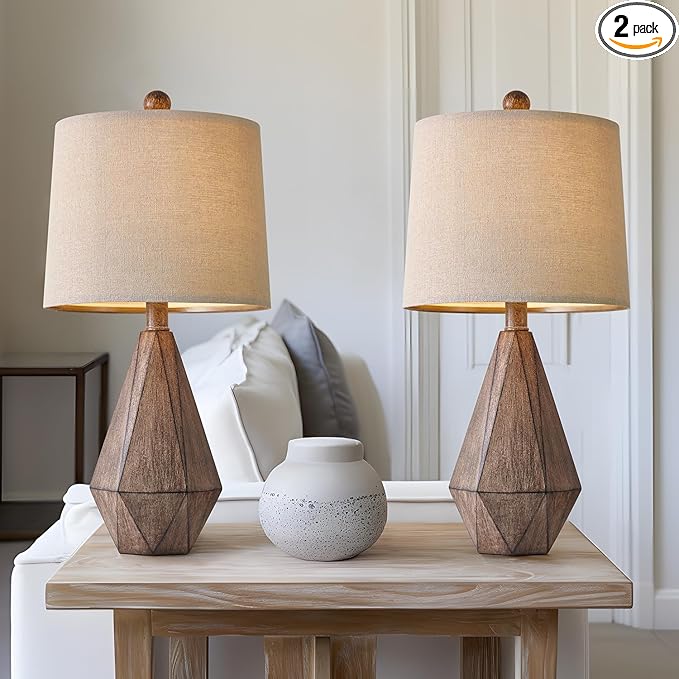 PoKat 20.25" Retro Farmhouse Table Lamp Set of 2 - Living Room & Bedroom Rustic Linen Bedside Nightstand Lamps for Kids, Study, Office - Resin, Suitable for Small Places