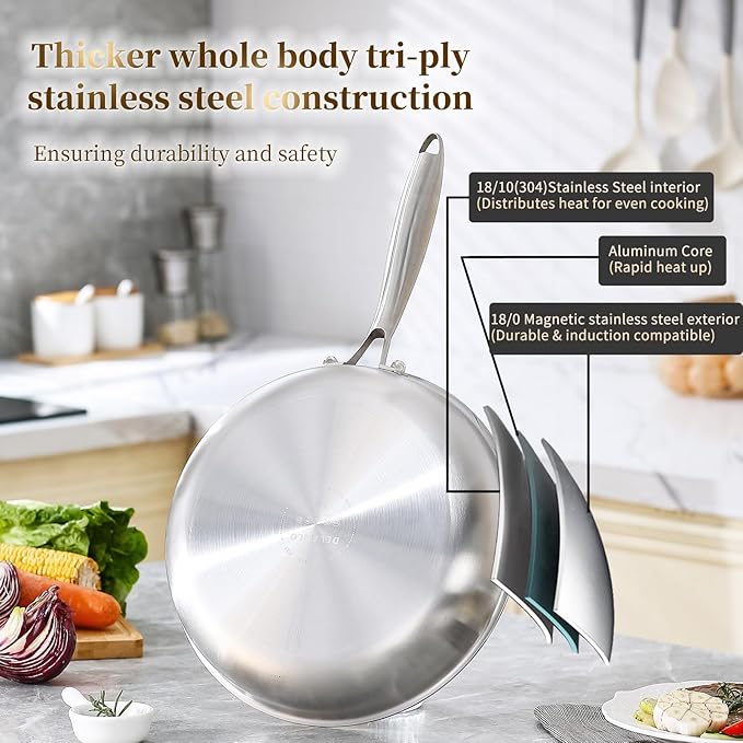 DELARLO Tri-ply Stainless Steel Kitchen Cookware Frying Pan Set with Lid 8" 10" 12" Induction large Skillets Chef's Pan,Pots and Pans Set Kitchen Cookware Set Suitable for All Stove