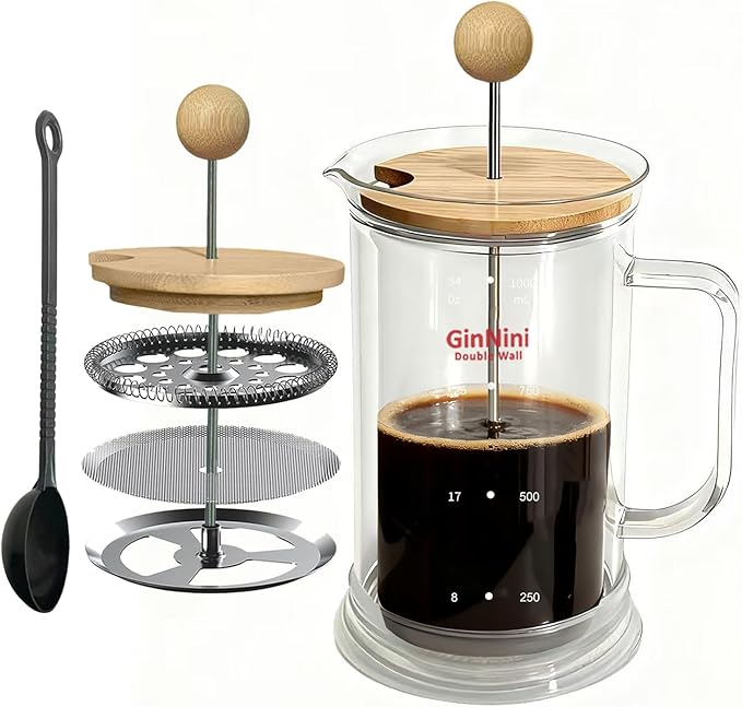 34-Ounce French Press Coffee Maker, Double Wall Borosilicate Glass Carafe with Removable Stainless Steel Filter and Shaft with Enlarged Bamboo Knob and Lid,Heat-Resistant for Coffee and Tea