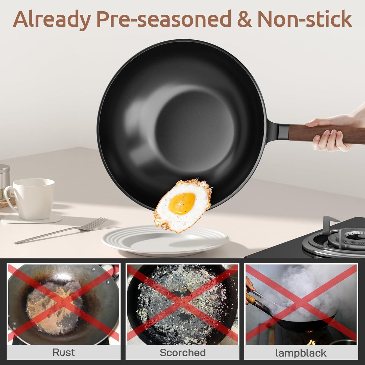 Carbon Steel Wok - Including Glass Cover and Silicone Spatula, 13-Inch Woks & Stir-Fry Pans for Induction, Electric, Gas Stoves