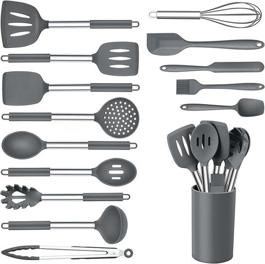 Onader Kitchen Cooking Utensils Set of 15, Silicone and Stainless Steel Utensils Spatula Set with Holder, Heat Resistant & Dishwasher Safe - Grey
