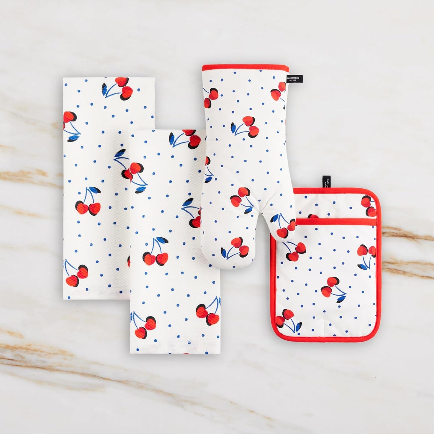 Kate Spade New York Cherry Dot Kitchen Towel, Oven Mitt & Pot Holder 4-Pack Set, 17" x 28", 7" x 13", 7" x 10", White/Red/Blue