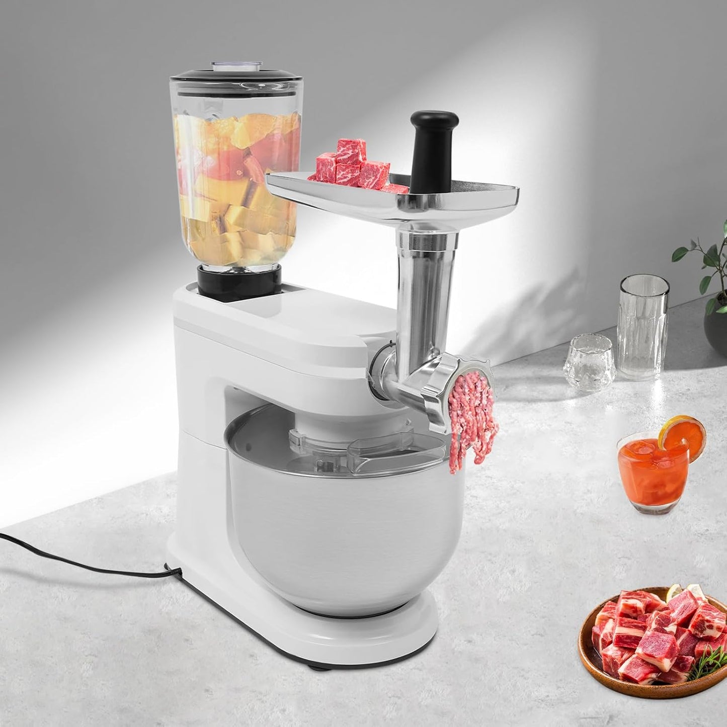 Stand Mixer, 3-in-1 Food Processor Multifunctional Electric Kitchen Mixer with 6 Accessories for Most Home Cooks, 6.34 Qt (White)