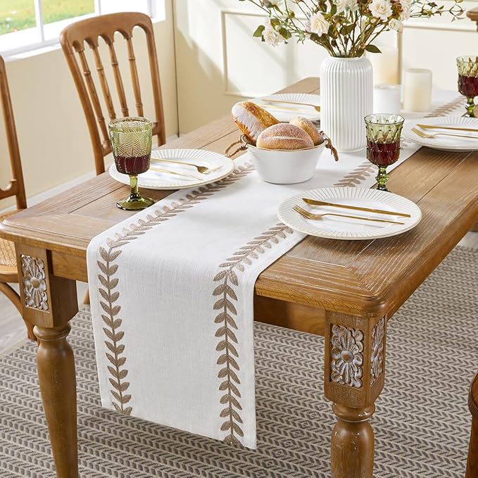 Wracra Embroidered Fall Table Runner Irregular Willow Leaf Table Runners 108 Inches Long for Dresser Home Dining Table Decor,14 x 108 Inch, Taupe