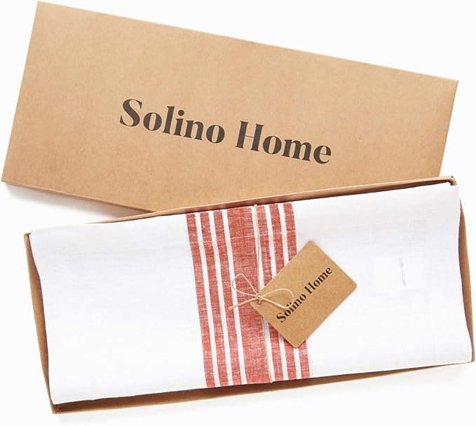 Solino Home Linen Table Runner 120 Inches Long - 100% Pure Linen Red and White Farmhouse Table Runner 14 x 120 Inch for Dining, Christmas, Holiday, Winter, New Year