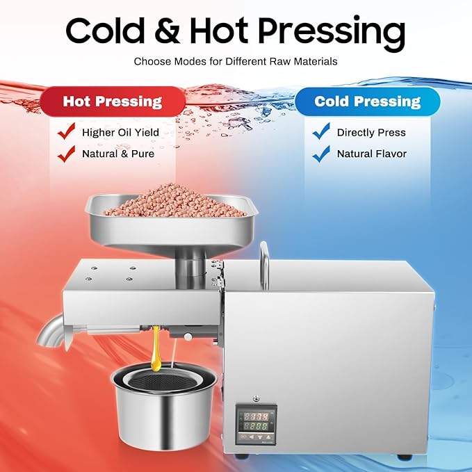Commercial Oil Press Machine, 610W Hot/Cold Electric Automatic Oil Extractor W/Intelligent Temperature Control for Home and Kitchen - SUS304 stainless steel