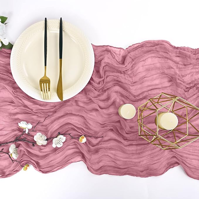12 Pack 10Ft Dusty Rose Cheesecloth Table Runner 35 x 120 inch Boho Gauze Cheese Cloth Table Runner Vintage Rustic Sheer Runners for Wedding Bridal Shower Birthday Party Cake Table Decorations