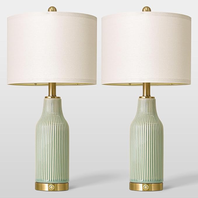 24.5" Modern 3-Way Dimmable Touch Control with USB A+C Ceramic Lamps Set of 2 Table Lamp for Living Room Bedroom Farmhouse Nightstand Bedside Green