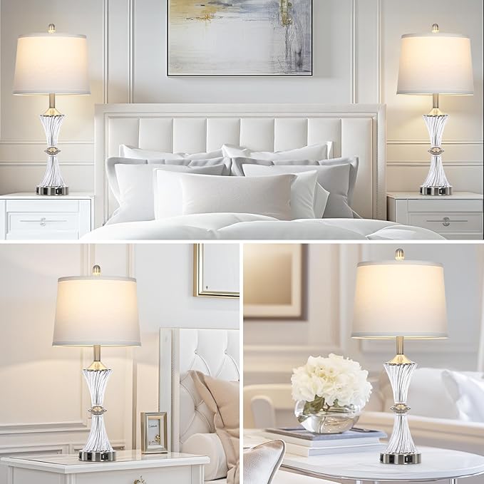 Crystal Glass Table Lamp Set of 2 With USB C+A Ports & AC Outlet - White Clear Modern Bedroom Lamps for Night Stands, Living Room - Silver Nightstand Lamps With LED Bulbs Included