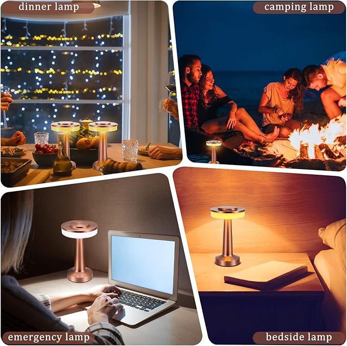 Riakrum 4 Pcs LED Portable Cordless Table Lamp with Touch Sensor 3 Color Stepless Dimming Rechargeable Battery up to 15 Hours Cordless Table Light Wireless Lamp for Nursery (Rose Gold)