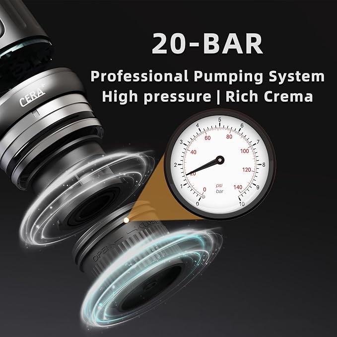 CERA+ Self-Heating Portable Espresso Machine,Up to 8 Cups per Charge & 20 Bar, 13500mAh, CERApresso Works with NS Capsules & Grounds, Electric Coffee Maker for Camping,Hiking,Office,Car,Travel
