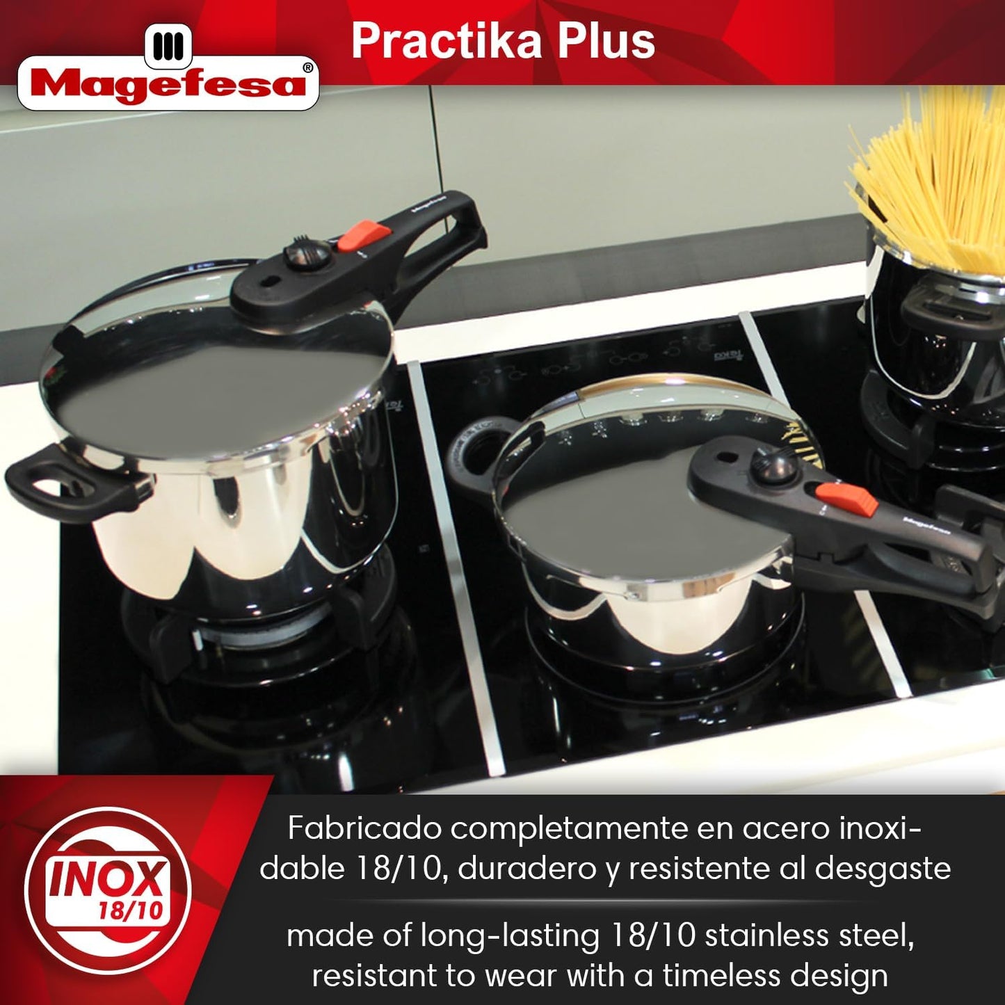 Magefesa Practika Plus, 8-Quart Pressure Cooker, 18/10 stainless steel, Induction Compatible, 5-Layer Heat Diffuser Bottom, 5 Safety Systems, Even Heat Distribution