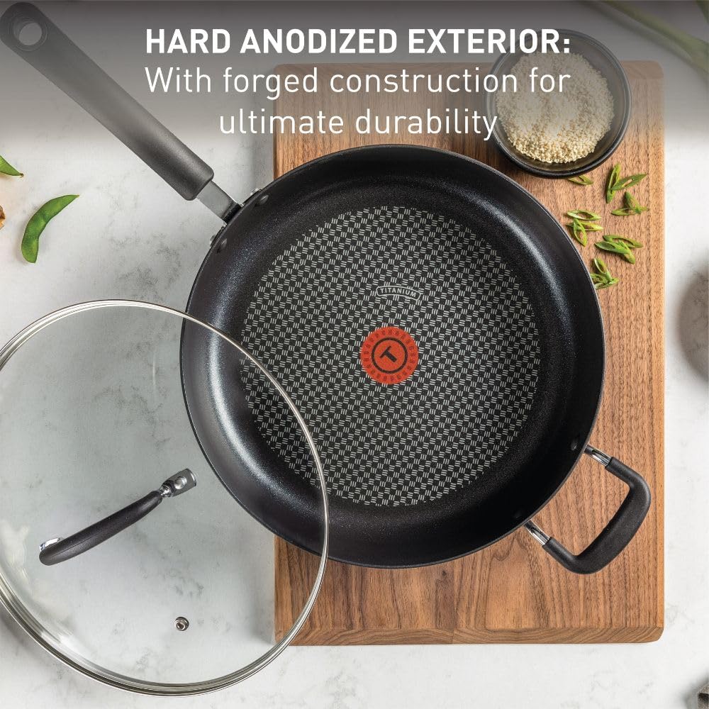T-Fal Ultimate Hard Anodized Nonstick Fry Pan With Lid 10 Inch, Oven Broiler Safe 400F, Lid Safe 350F, Cookware, Kitchen, Home, Versatile Frying Pan, Skillet, Pots and Pans, Dishwasher Safe, Black