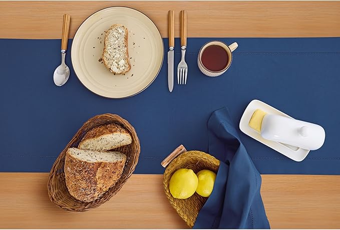 Solino Home Cotton Linen Table Runner 48 Inches - Lapis Blue Hemstitch Table Runner 14 x 48 Inch Ideal for Dresser and Coffee Tables