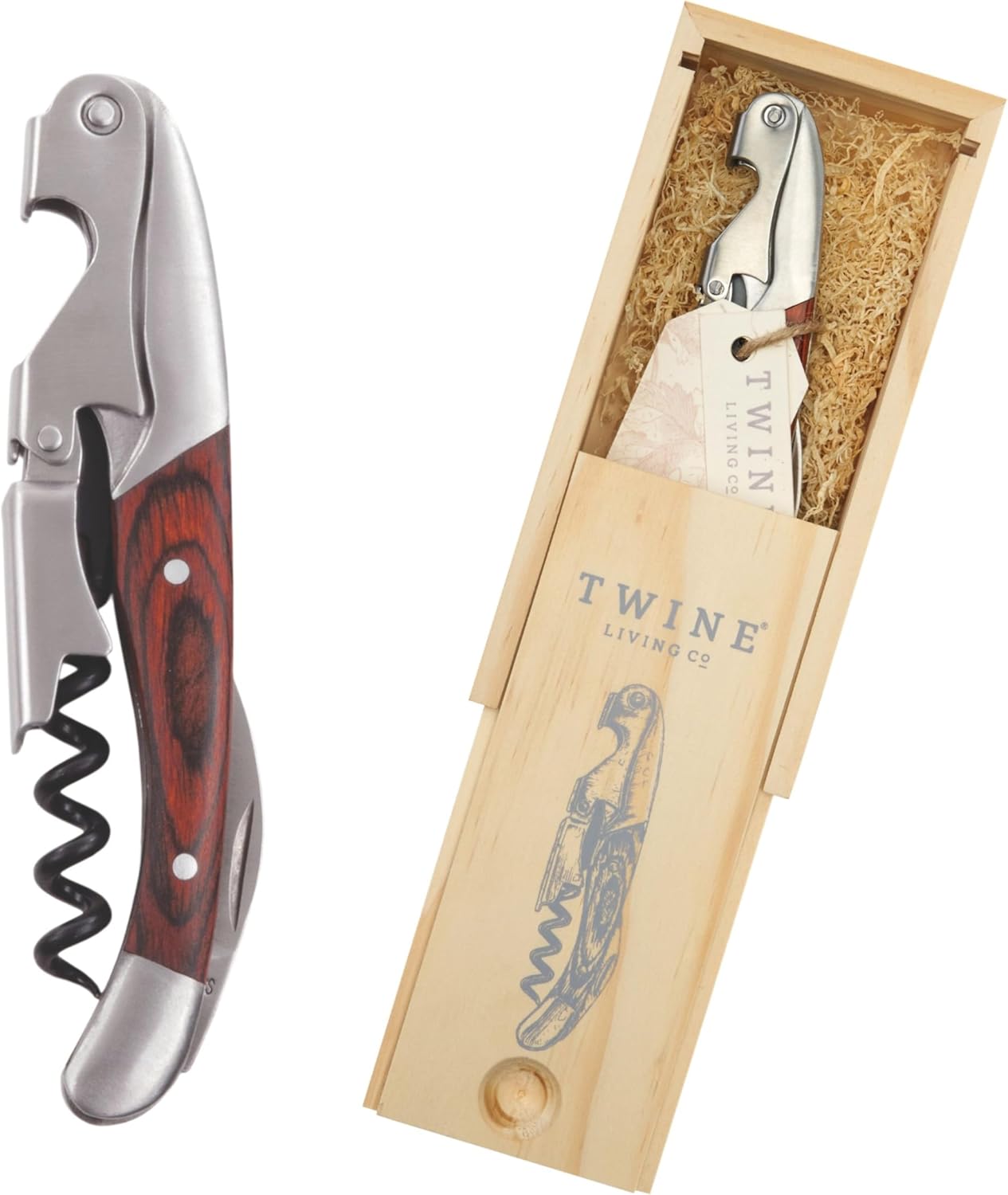 Twine Wood Handle Double HInged Corkscrew, Stainless Steel Wine Key with Foil Cutter