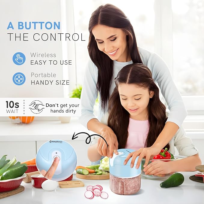 EASYSPEED Electric Garlic Chopper 1Cup, Mini USB Charging Wireless Food Processor with 304 Stainless Steel, 2 Sharp Blades, Portable Kitchen Meat Grinder for Onion, Garlic, Ginger, Baby Food