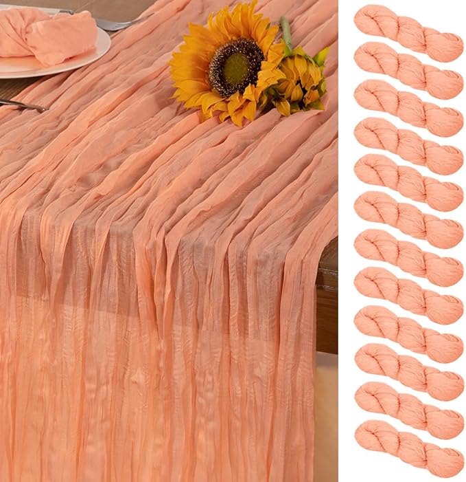 Peach Cheesecloth Table Runner 12 Pack Christmas Table Runners Boho Gauze 120 Inches Cheese Cloth Table Decor for Sweet Little Peach Baby Shower Wedding Bridal Xmas Holiday Season Decor