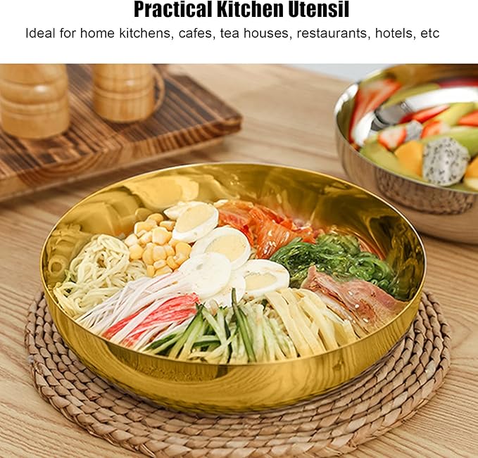 Stainless Steel Mixing Bowl, 9.4 inch Gold Salad Serving Bowls Flat Base Metal Prep Bowl Ramen Noodle Soup Bowls for Baking Serving Mixing and Cooking Prep