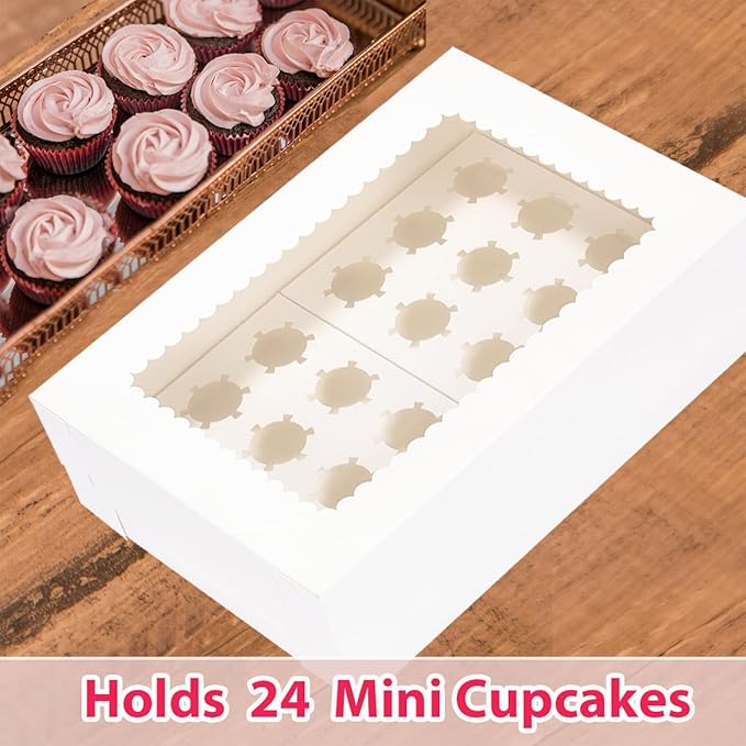 JJO Mini Cupcake Box 5 Pack,Holds 24 Mini Cupcakes,Cupcake Holder, 14x10x4 Inch White Bakery Boxes with Window for Birthday Holiday Party Bakery