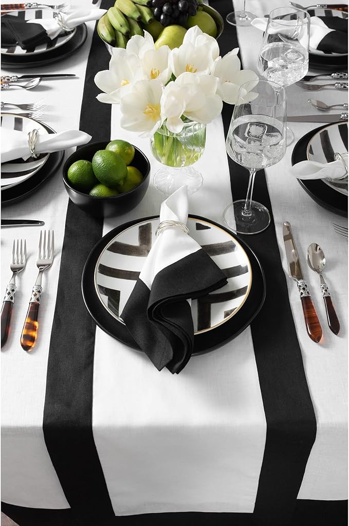 Solino Home Linen Table Runner 48 Inches - 100% Pure Linen Black and White Table Runner 14 x 48 Inch Ideal for Dresser and Coffee Tables - Winter, Holiday - Contempo