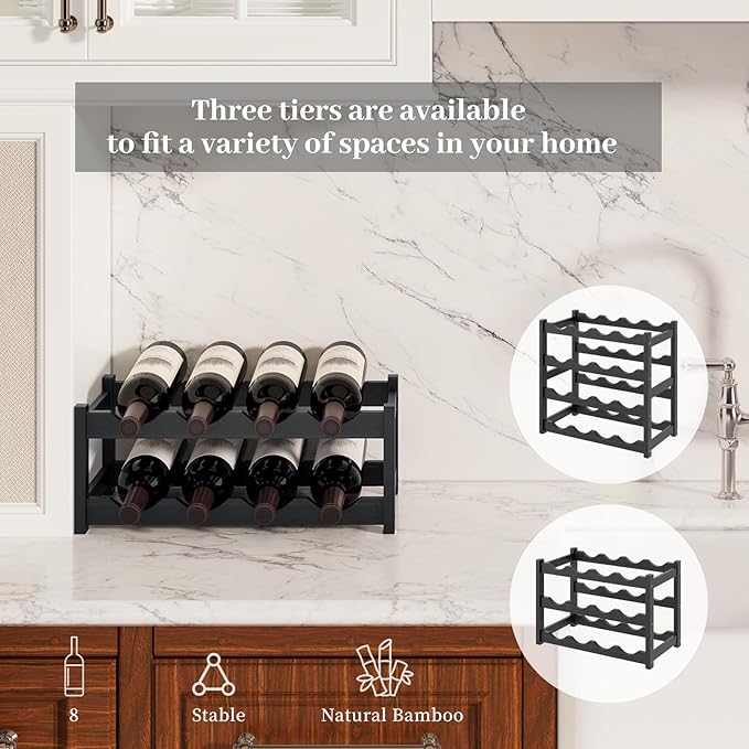 Wine Rack，Bamboo Wine Storage Cabinet Shelf，Countertop Wine Shelf- Freestanding Wine Holder for Kitchen & Pantry (Black, 2-Tier)