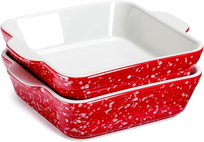 NUTRIUPS 13oz 5.9x5.9in Square Ceramic Baking Dish Set, 2-Pack Small Oven-Safe Baking Pan for Lasagna, Casserole - Bakeware for Baking & Serving (Red)