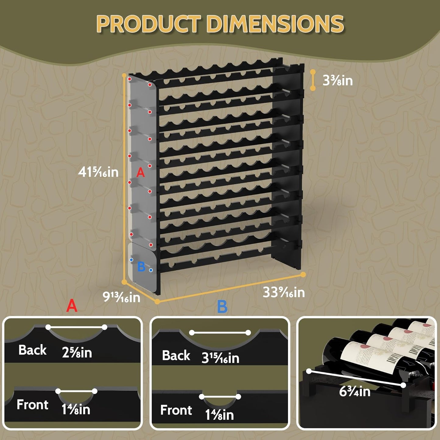Wine Rack Freestanding Floor, Bamboo 8-Tier 69 Wine Bottle Holder Racks Countertop Cabinet Display, Wooden Stackable Modular Wine Storage Organizer Shelves for Kitchen Bar Cellar Dining Room Black