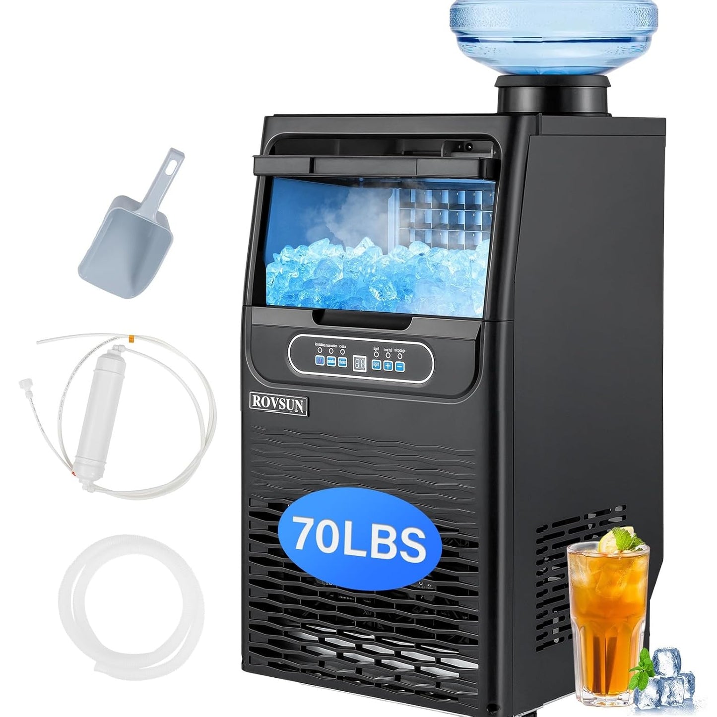 ROVSUN 70LBS/24H Countertop Ice Maker with 2 Water Inlets & Appointment Function, Freestanding Ice Machine with 11lbs Storage Bin, Ice Scoop, Drain Pipe & Water Filter (Black)