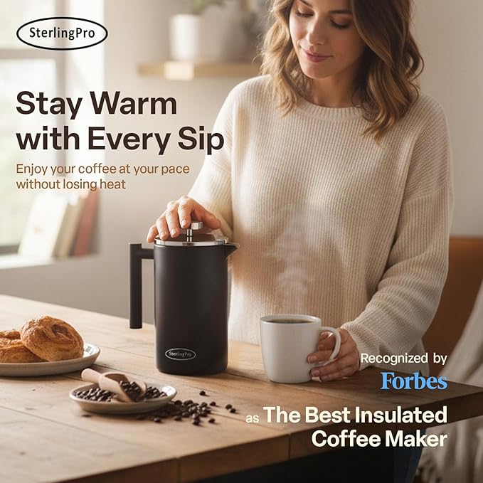 Extra Large French Press Coffee Maker 59 oz (1.75L), Large Capacity Stainless Steel Big French Press XL, Thermal Insulated Black Coffee Maker with Double Walled Insulation, Black