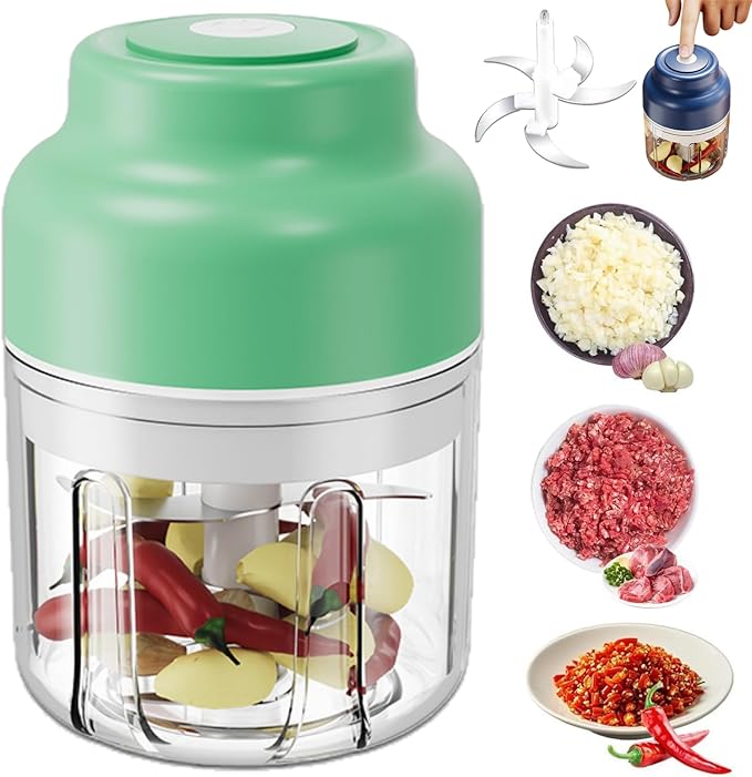 Electric Garlic Chopper, Mini Portable Veggie Chopper, 4/6 Stainless Steel Blades Small Food Processor with USB Rechargeable Wireless, One-Touch Operation for Garlic, Onion & Vegetables (Six knives,B)